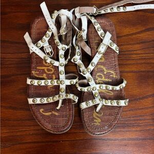 Sam Edelman Eavan ankle strap Gold Studded white leather gladiator Sandals 8.5